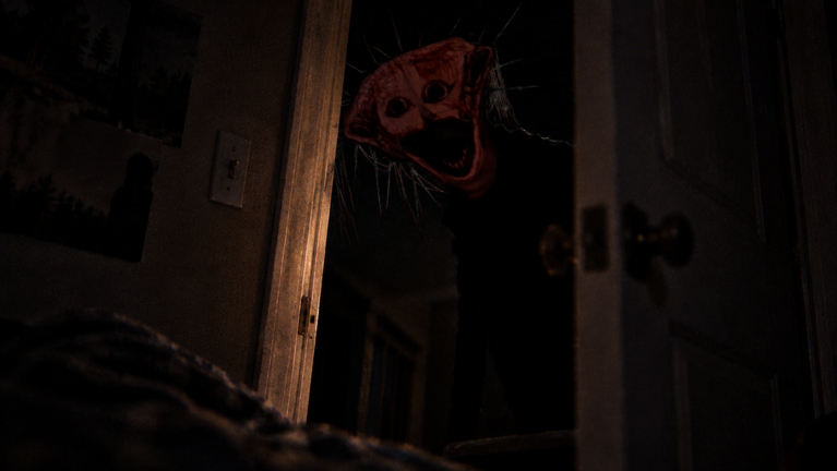 A grinning creature with a distorted red face looking through an open doorway into a dark house room with a light switch on the wall.